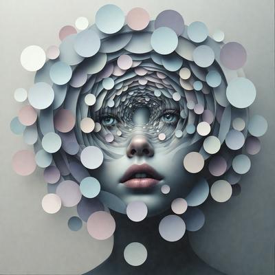The primary subject of the image is a woman with a unique and artistic appearance. She has a head full of circles, giving her a distinctive and eye-catching look. The setting is a room with a wall, and the visual style is a combination of digital art and illustration. The dominant colors in the image are pink and blue, creating a warm and inviting atmosphere.